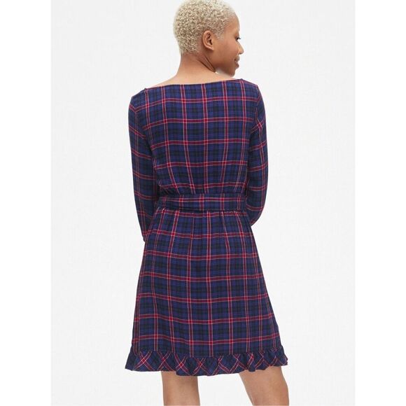 NEW GAP Women’s Small Tall Plaid Faux-Wrap Ruffle Hem Dress - Picture 3 of 5